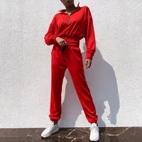 

New Trend Red Cropped Stand Neck Sweatshirts Women Track Jogging Suit Set