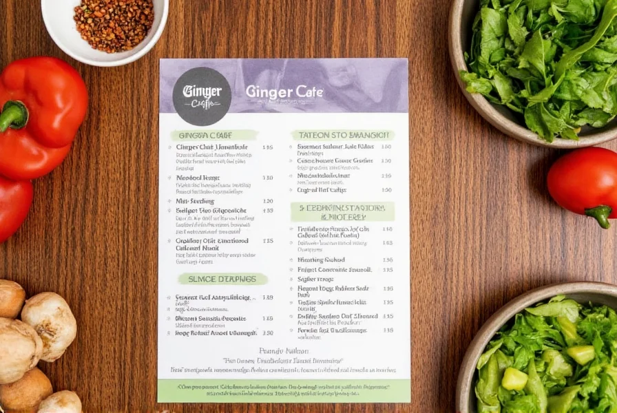 Ginger Cafe menu displayed on wooden table with fresh ingredients surrounding it