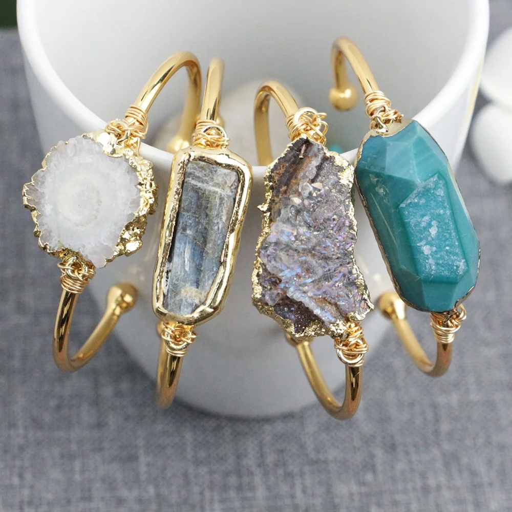 

BD-T193 high quality gemstone bracelet,natural crystal plating gold wire wrap cuff bangle, turquoise stone bangle, As picture