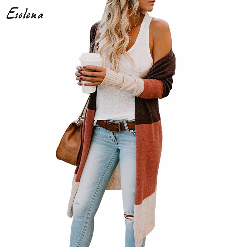 

fashion autumn women striped stitching plus size long sweater cardigan for wholesale