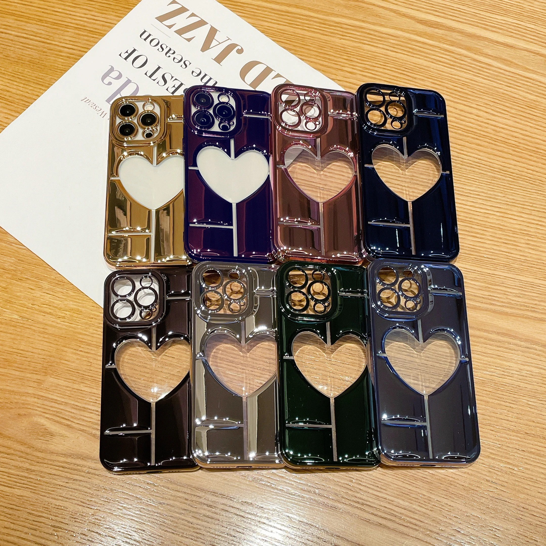 

Electroplated phone back cover with hollow heart shaped shock resistant phone case suitable for iPhone 1112 1314 15 Pro Max Plus