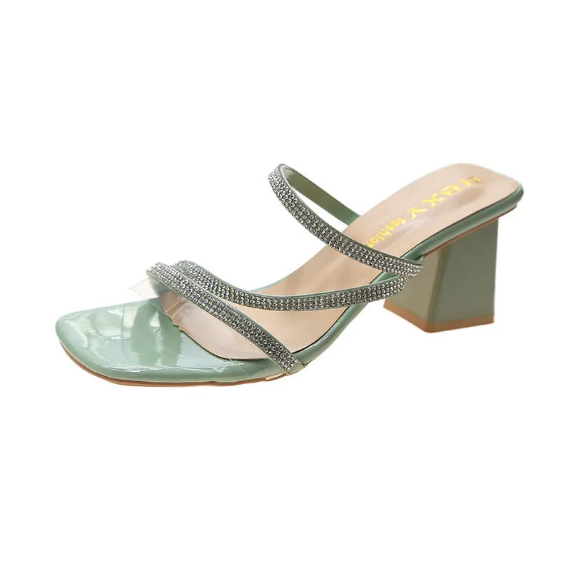 

2021 New Arrival Sweet Ladies Summer Sandals Candy Color Square Open Toe Block Heel Block Rhinestone Straps Women Sandals