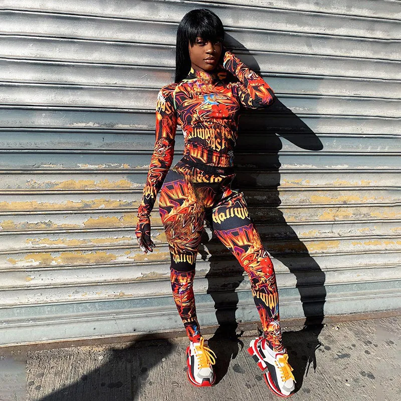 

Autumn Winter 2021 New Women Fire Print Long Sleeve Sexy Crop Top Turtleneck Bodycon Leggings 2 Piece Outfits, Customized color