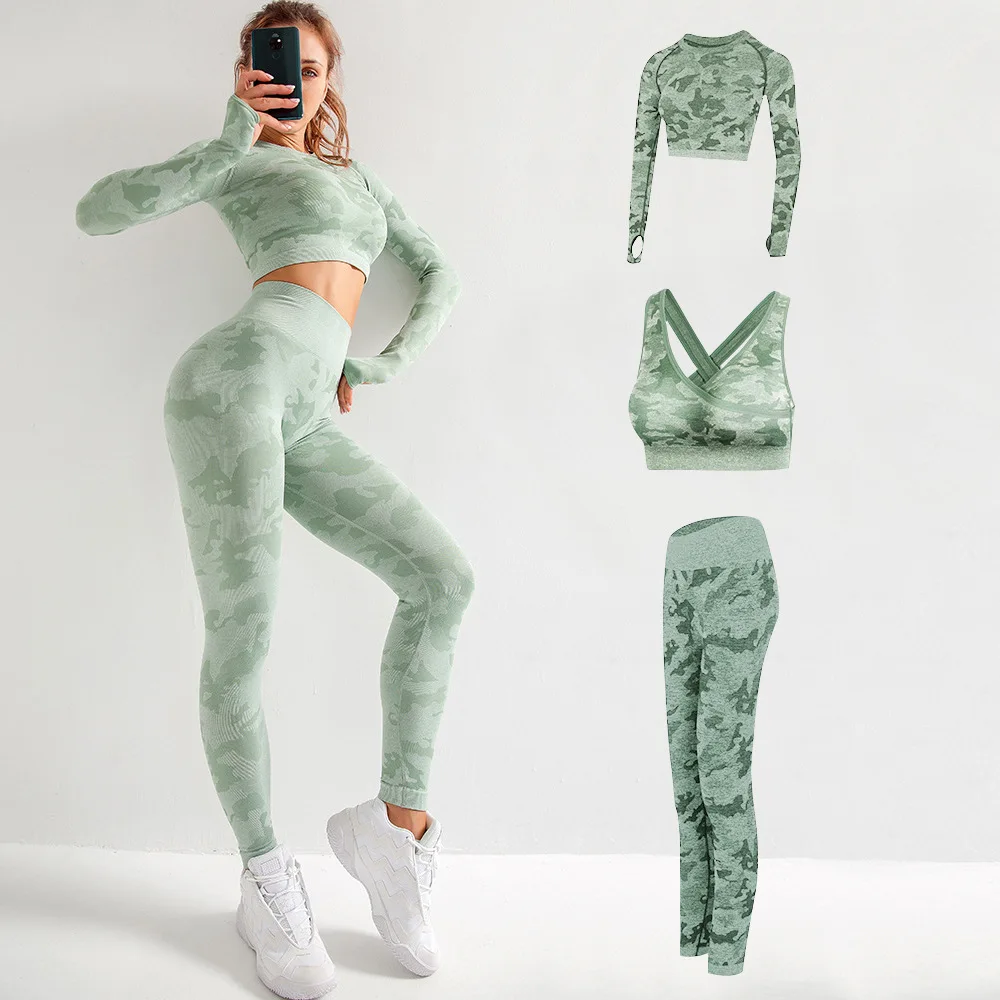 

Wholesale Camo Long Sleeve sexy bra Slim Tops Push Up Hips Women Seamless Hollow Out 3 Pieces Yoga Sets, Green/grey/purple
