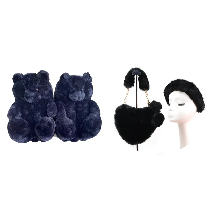 

2021 Indoor high quality bedroom house slides shoes plush Teddy bear slippers with matching fur heart shape purses and headbands, Custom color or red,pink,purple,blue,khaki,brown,colorful, rainbow