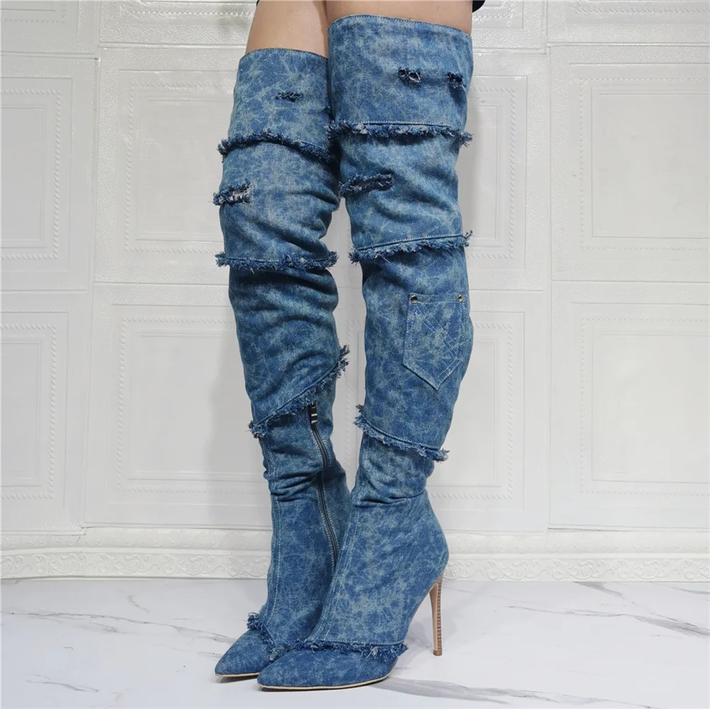 

2021 Women Pointed Denim Cowboy Blue Over The Knee Long High Thigh Boots