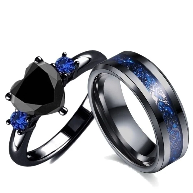 

Popular Couple Romantic Ring Fashion Jewelry Anniversary Wedding Black Heart Cubic Zirconia Ring Set Lover Gift, Gold &silver
