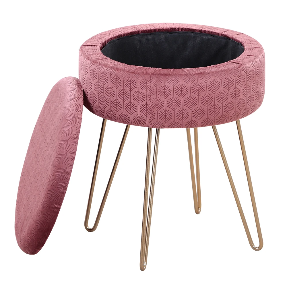 

Velvet Round Footrest Ottoman Modern Upholstered Vanity Pouffe Stool Storage Function Side Table Seat Dressing Chair Pink