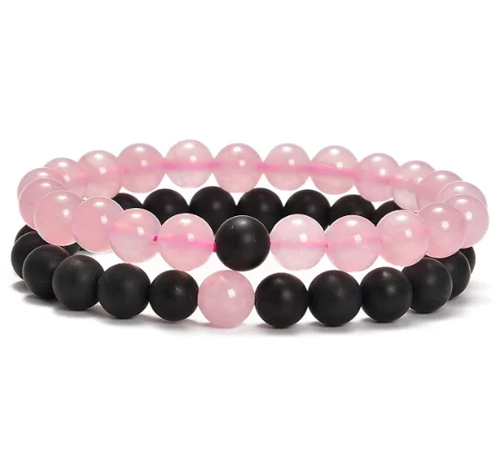 

Pink Quartz&Matte Black Onyx Couples Distance Bracelets His and Hers Gemstone Beaded Stretch Bracelets 8mm Round Beads