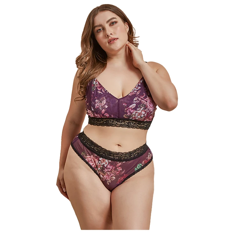 

Plus size women nightwear 2 Piece Purple Embroidery Lace Bra & Brief Big Size Lingerie Set