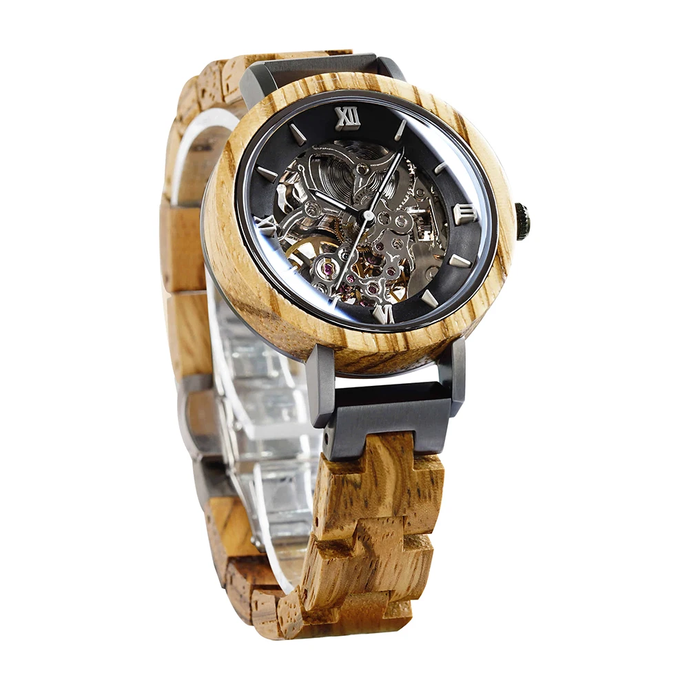 

ROYAL BEAR Custom logo mechanical wooden luxury skeleton men automatic watch