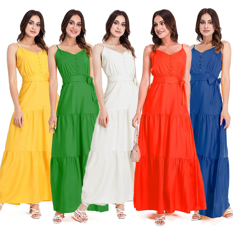 

Summer Green Tunic Maxi Dress V Neck Robe Femme Belt Elegant Ruffles Party Long Dresses Spaghetti Strap Casual Vestidos Mujer