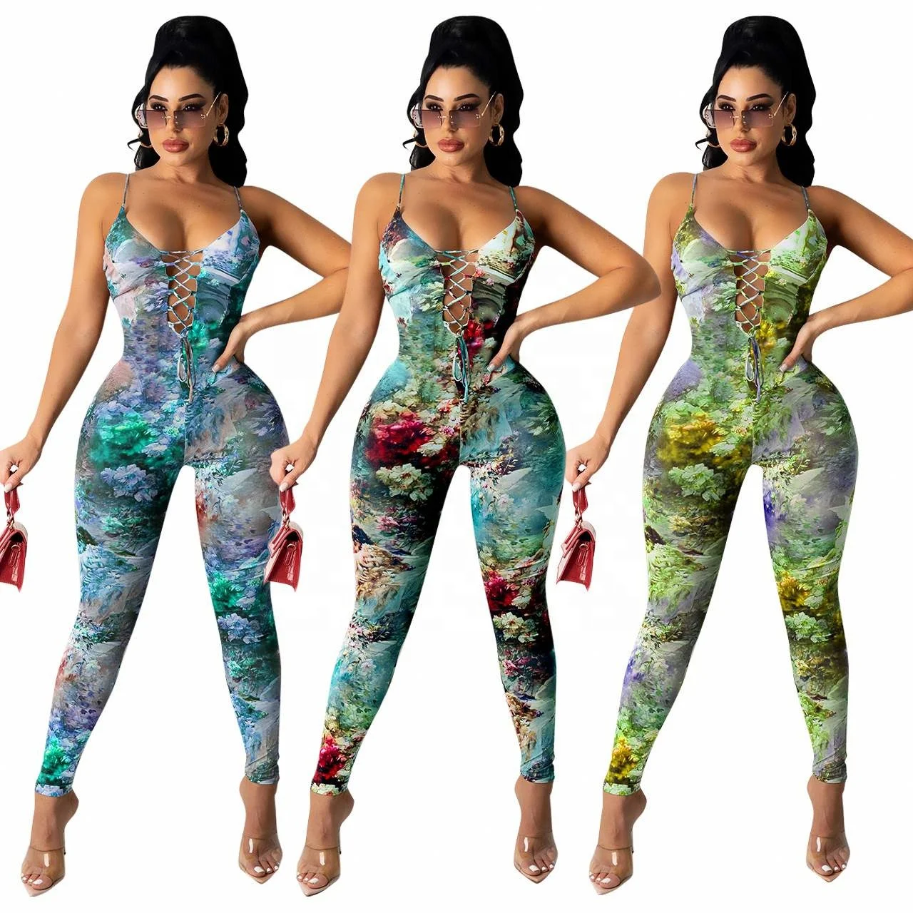 

Newest Design Tight Floral Print Colorful printed cutout strappy jumpsuits womens jumpsuits summer short jumpsuit women 2021, As picture or customized make