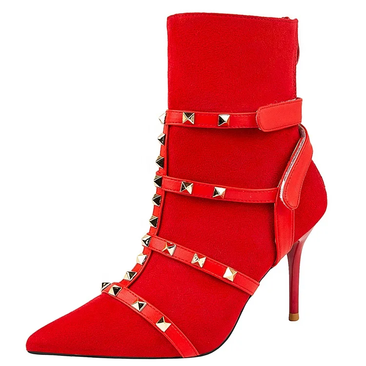 

Women's Metal Rivets Stud Short Boots Pointy toe Thin Heels Women Suede Boots Dress Booties Shoes for Ladies, Black red