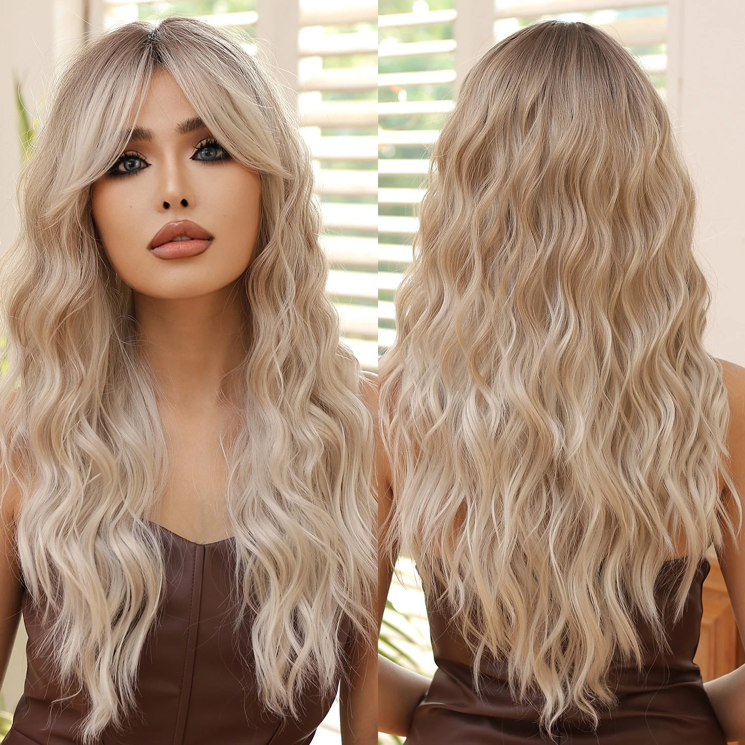 Matte Synthetic Fiber Curly Hair Women's Wig Light Brown Gold Striped Long Bangs Artificial Hair Rose Mesh Wig