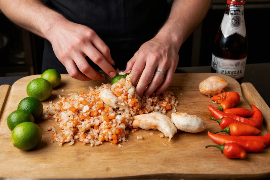 Peruvian chef preparing traditional ceviche with fresh aji cachucha peppers, lime, and fresh seafood on a wooden cutting board