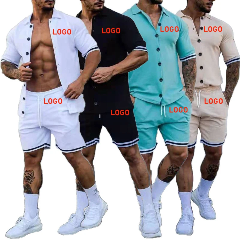 

Summer Mens Track Suit Sets Custom Logo Solid Color Mens Button Short Sleeve Shirts Shorts Set Two Piece Men Short Set