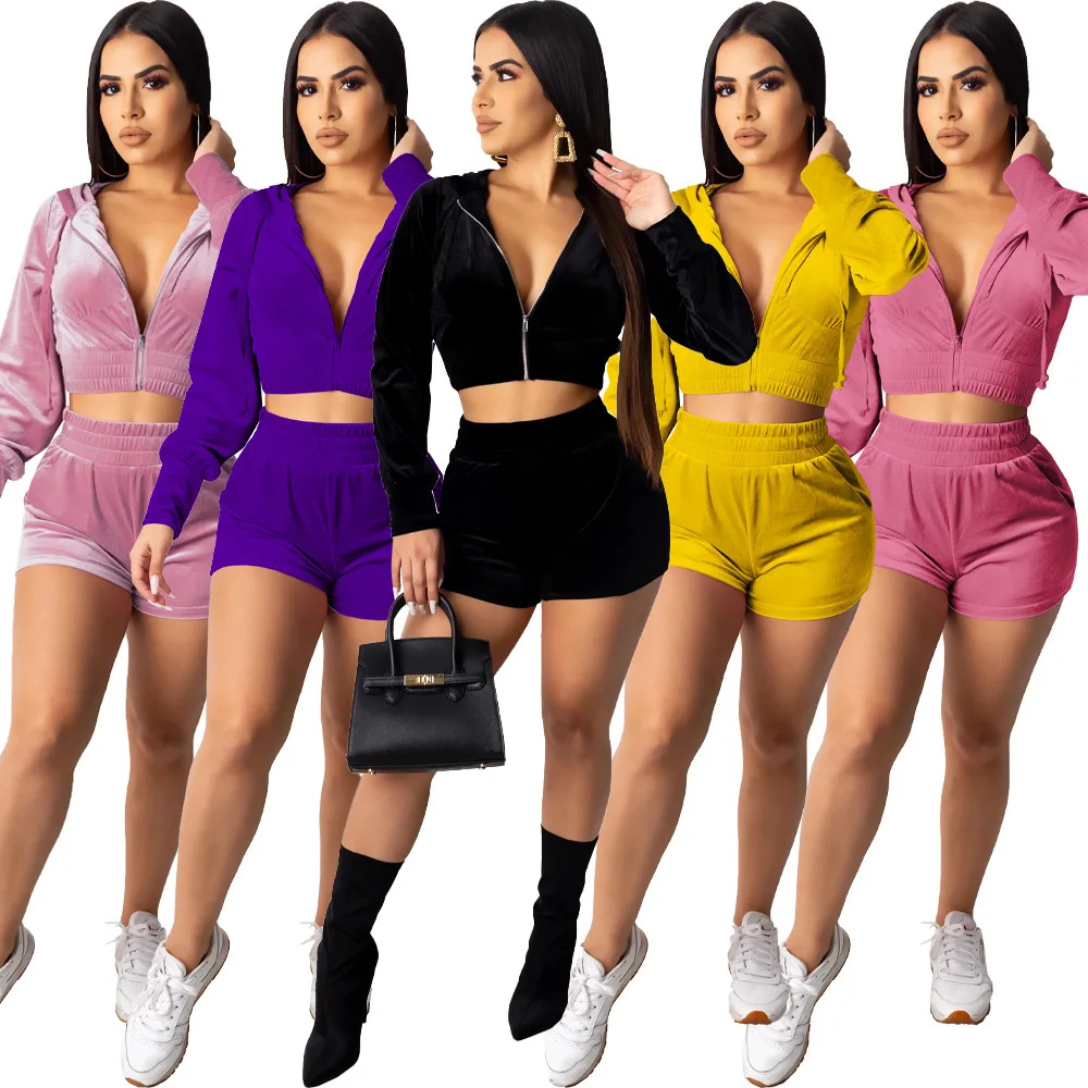 

New Custom Skinny Jogging Set Sexy Women Outfits Velvet Zipper Up Cropped 2 Piece Set Velour Crop Top 2pc Hoodie Biker Short Set