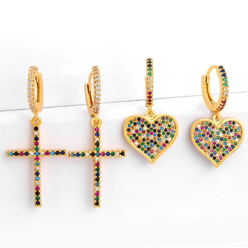 High quality colorful heart shaped earrings jewelry cubic zircon dubai 24k cross hoop earrings