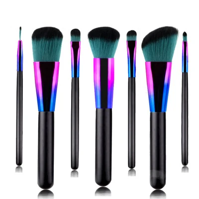 

7pcs makeup brush sets with colorful gradient color blue wooden handle customizable logo, 1 color