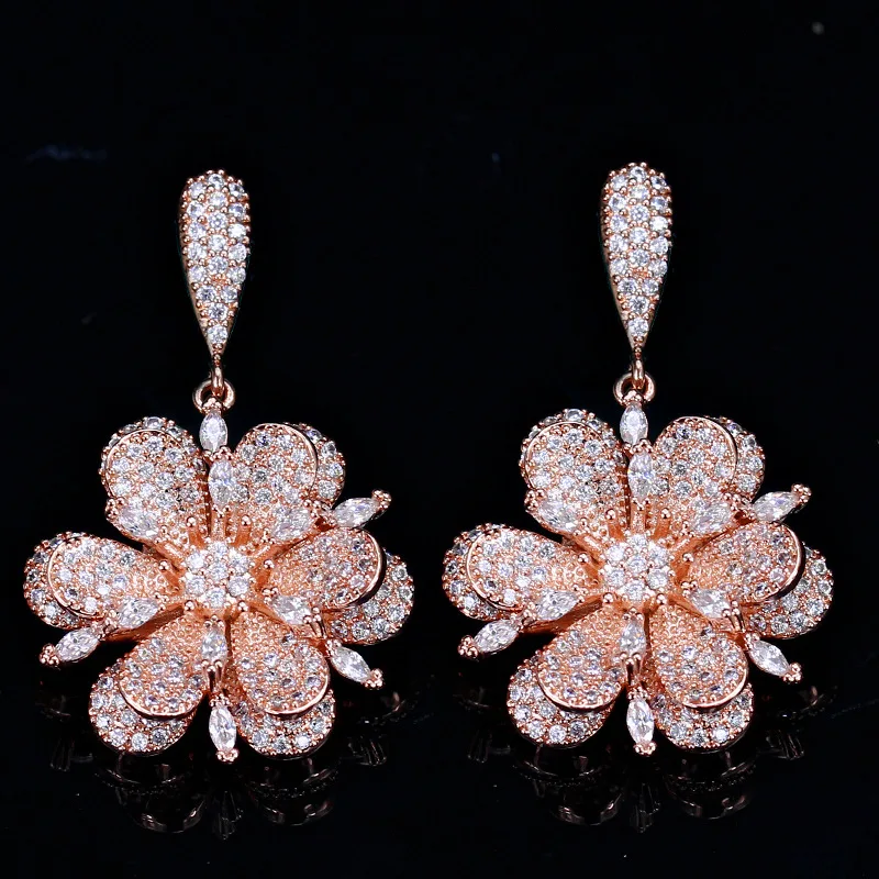 

Gorgeous Luxury Micro Pave Cubic Zirconia Stones Dangle Drop Flower Earrings