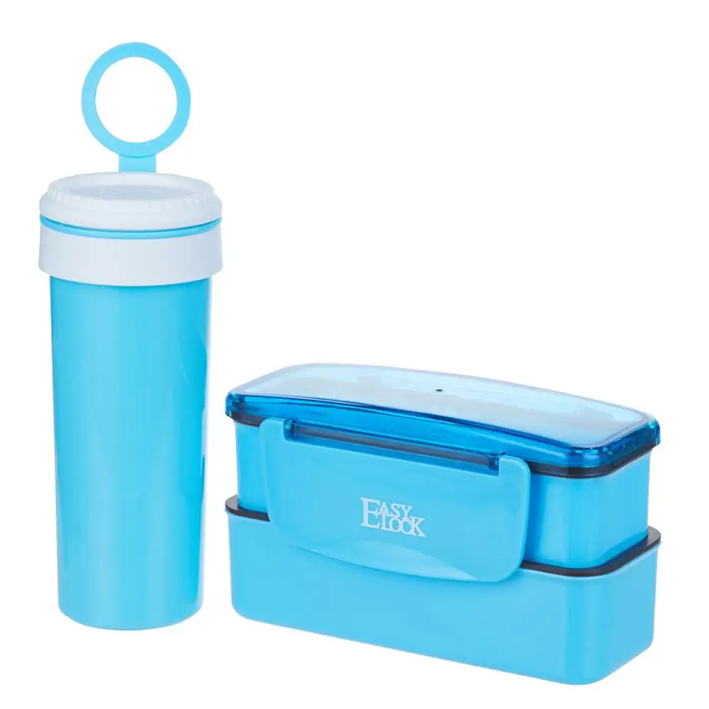

EASYLOCK Childeren 2 Layers Kid Plastic Bento Lunch Box with Water Bottle Set Spoon Fork, Blue green