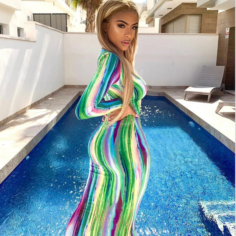 

2020 in stock Autumn new trend Colorful Printed women Party elegant Dresses Long Sleeve Casual sexy Dress for Women, Colorful,gray,orange