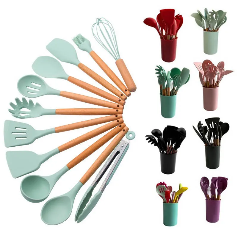 

12pcs Eco Friendly Home Kitchen Gadgets Cooking Utensil Utensils Silicone Wood Tool Cooking Qingdao Camp Organizer Travel Set, Black, grey, red, pink, purple, green, light green