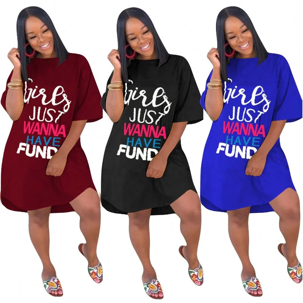 

HGL1332 2021 new arrival summer ladies dress loose solid color letter printed casual short sleeves women girls t shirt dress