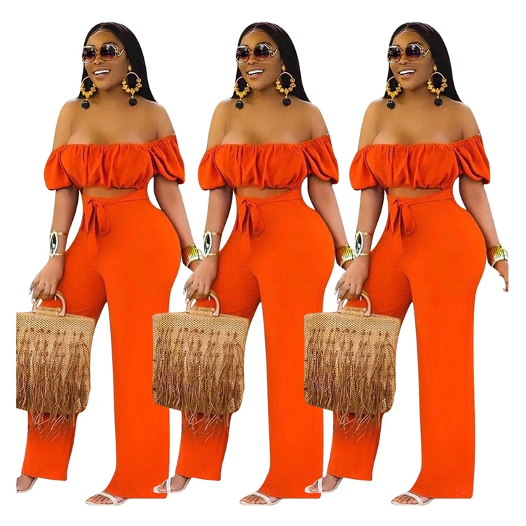 

Wholesale Price Off The Shoulder Solid Color Crop Top Wide Leg Pant One Piece Summer Women Fashion Jumpsuit