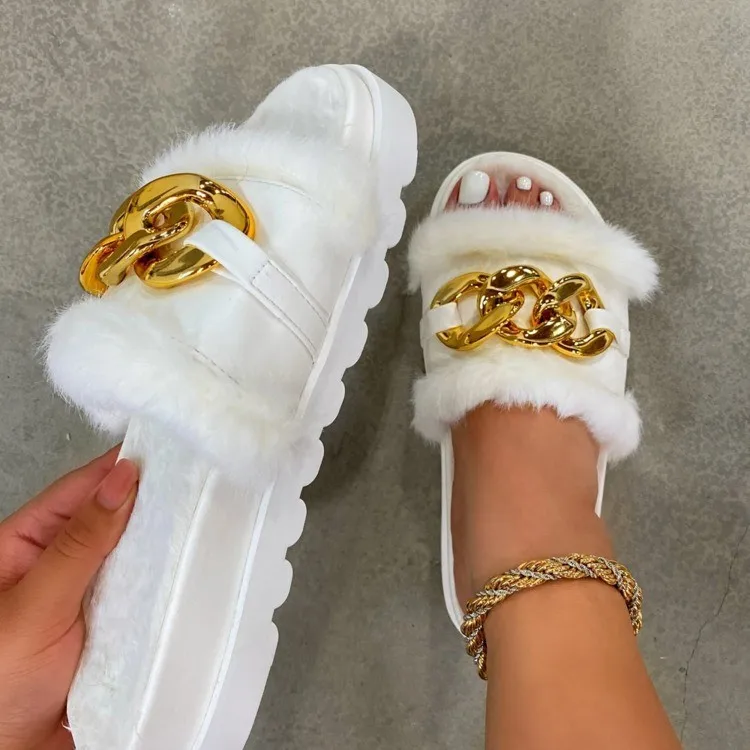 

Luxury Ladies Shoes Metal Chain Rainbow Colorful Platform Designer Fur Sandals Slides Slippers For Women