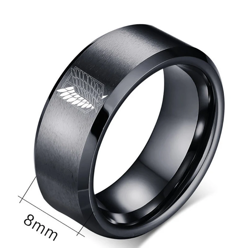 

Anime Attack on Titan Black Stainless Steel Men Rings Widened Silver Carved Liberty Wings Finger Rings for Women, Silver, black
