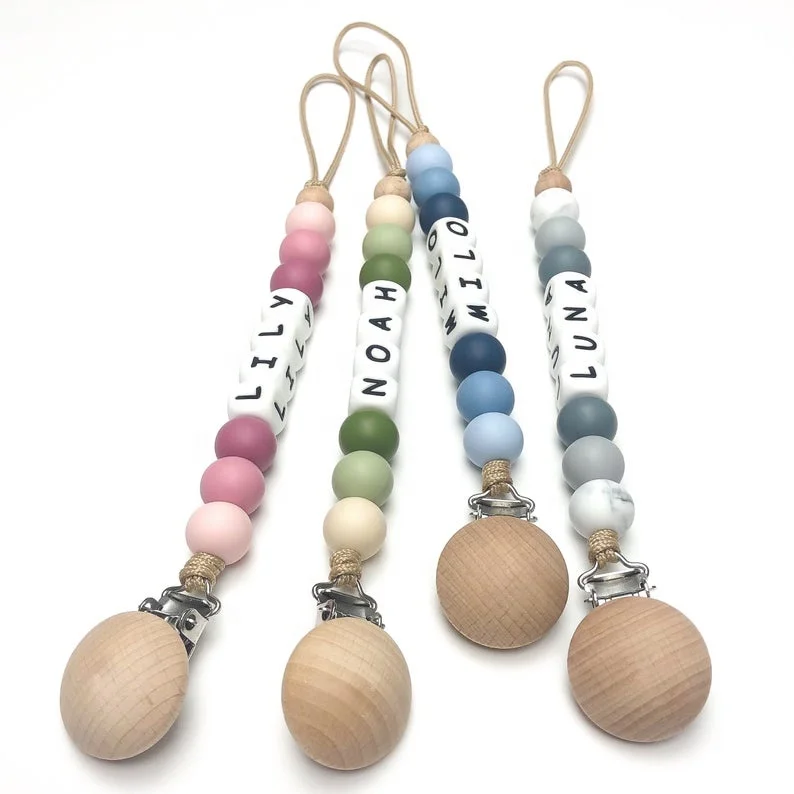 

Newborn Baby Pacifier Clip Chain Personalized Silicone And Beech Wood Beads Pacifier Clip