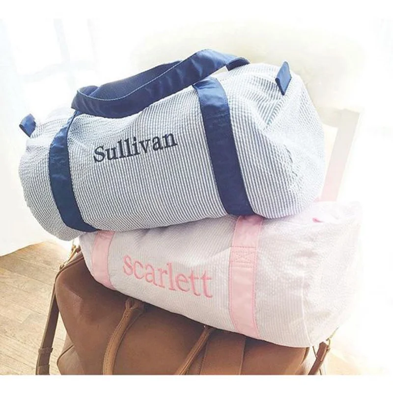 

Kids Ballet Weekender Bag Personalized Seersucker Duffle Barrel Bag Monogrammed Seersucker Duffle Bag, Picture