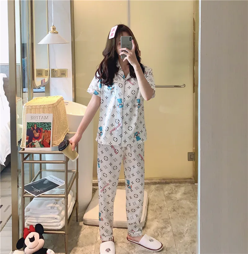 
Short-sleeved trousers suit ladies nightgown silk thin girl nightdress ice silk printing pajamas Cute sleepwear 