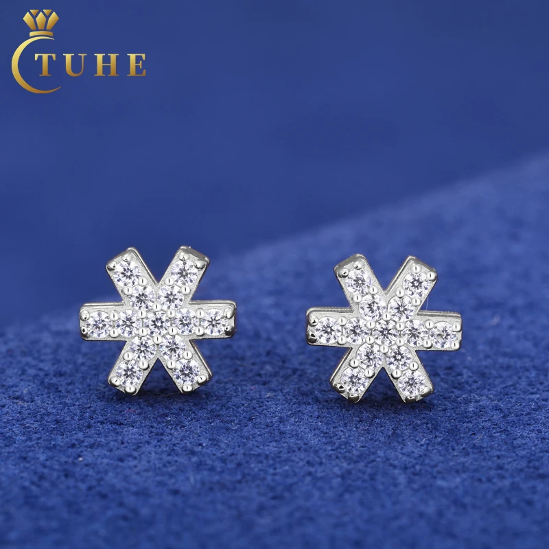 Premium Design Autumn Winter Snowflake Christmas Zirconia Stud Earrings 925 Sterling Silver Fine Jewelry Men Women