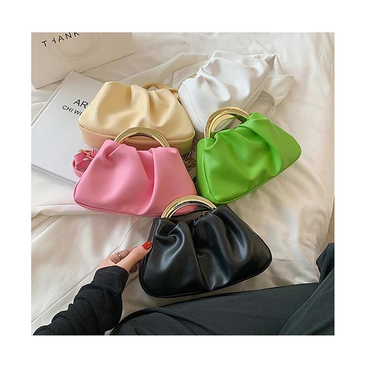 

Folds Design Iron Handle Crossbody Bags Summer Simple Cloud Hand Bags Ruched Mini Bucket Bag Small Handbags and Purses For Women