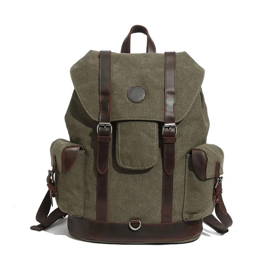 

2020 New Arrival Canvas Laptop Rucksack Backpack Vintage Leather Bookbag for Mens, Durable Travel Laptops Backpack, Customized