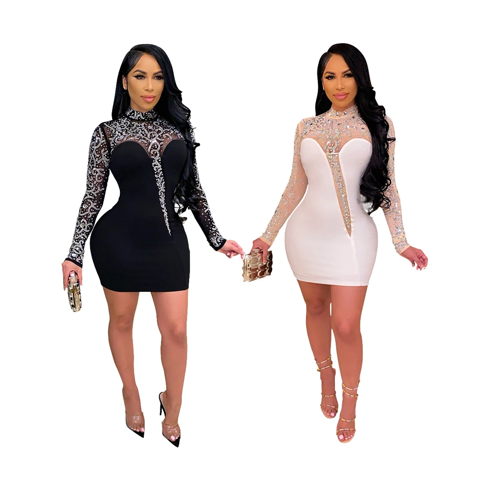 

Foma Dresses 8898 New Arrivals 2021 summer women nightclub sexy bodycon perspective diamond long sleeves mini dress, 1 color