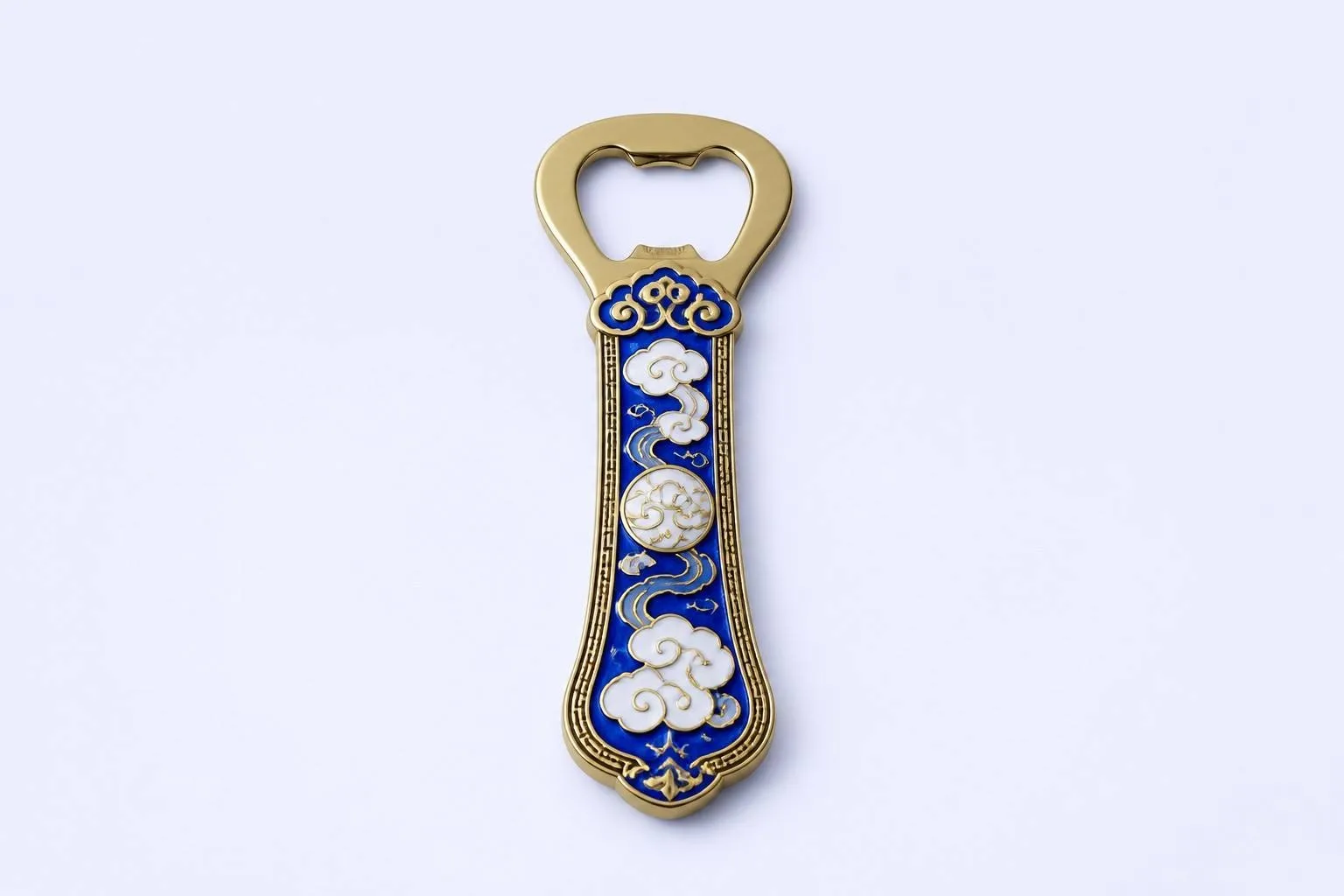 Blue and white porcelain bottle opener with auspicious clouds