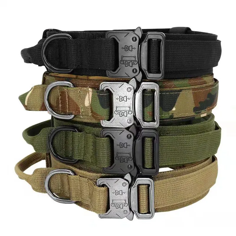 

2021 Amazon hot selling Durable Adjustable Military Tactical Pet Dog collar with heavy duty metal buckle, Brown/black