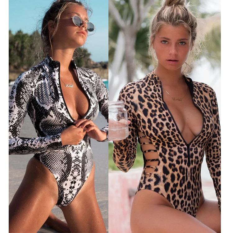 

Free Shipping Custom High Quality Snakeskin One Piece Beach Wear High Cut Bathing Suit Swimming Wear For Ladies