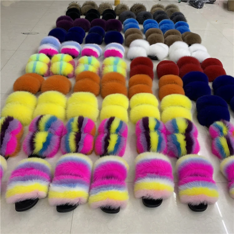 

2021 NEW Fashion real fur slides wholesale furry outdoor sandals women raccoon fox fur slippers