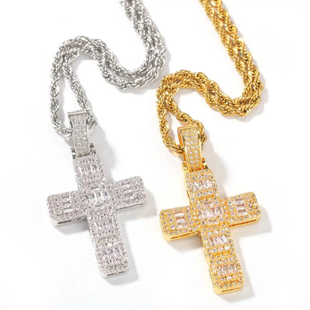 Hiphop 18K Gold Male Female  Baguette CZ Diamond Zirconia Cross Pendant Necklace Men Jewelry