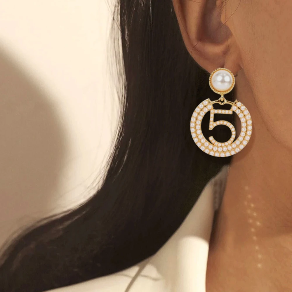 

New fashion jewelry 2021 women exaggerated number 5 drop hoop gold plated pearl earring