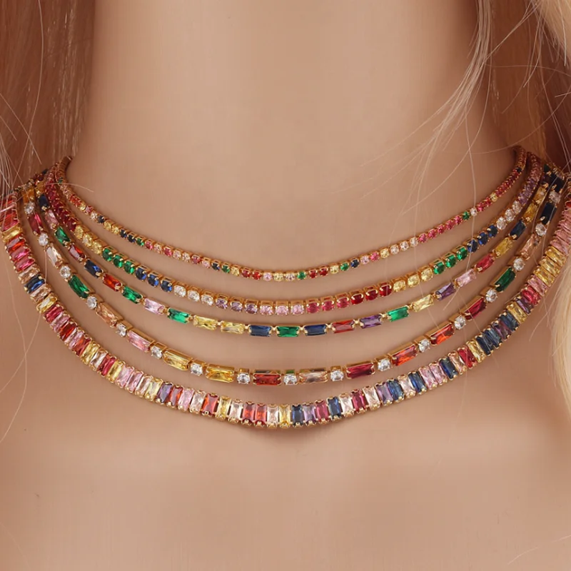 

THIN tennis chain choker Gold filled fashion women pastel rainbow cz choker necklace New colorful collar, As pictures