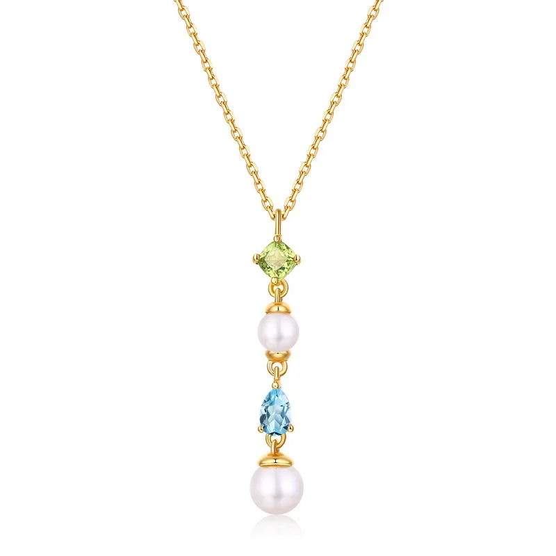 

Fine quality 925 sterling silver natural gemstone jewelry gold peridot topaz Y shape necklace with pearl, Picture