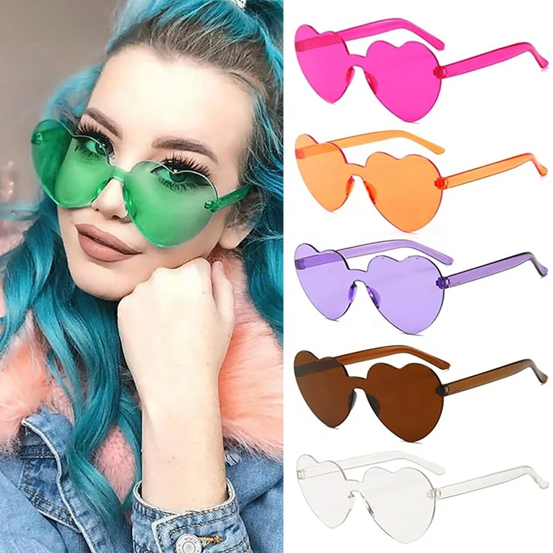 

2022 Women Colors Polycarbonate Heart Shape Tinted Party Sunglasses Girls Vintage UV400 Colors Rimless Polarized Sun Glasses, As picture