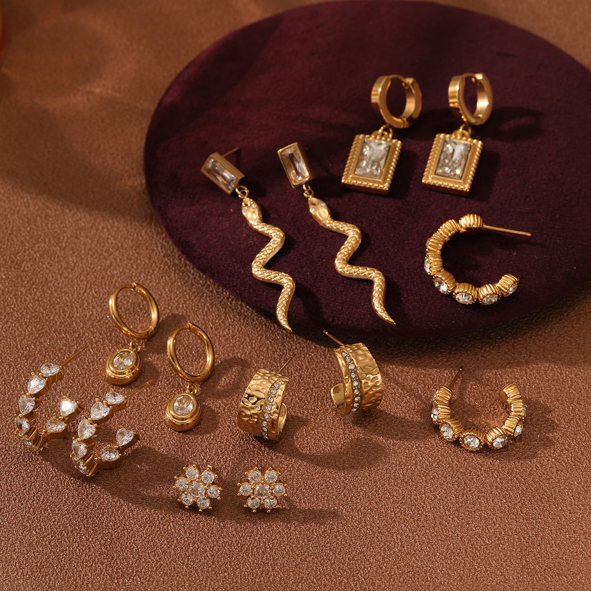 

Waterproof chunky gold hoop earrings women luxury cubic zirconia snake drop cc earrings 316l stainless steel jewelry wholesale