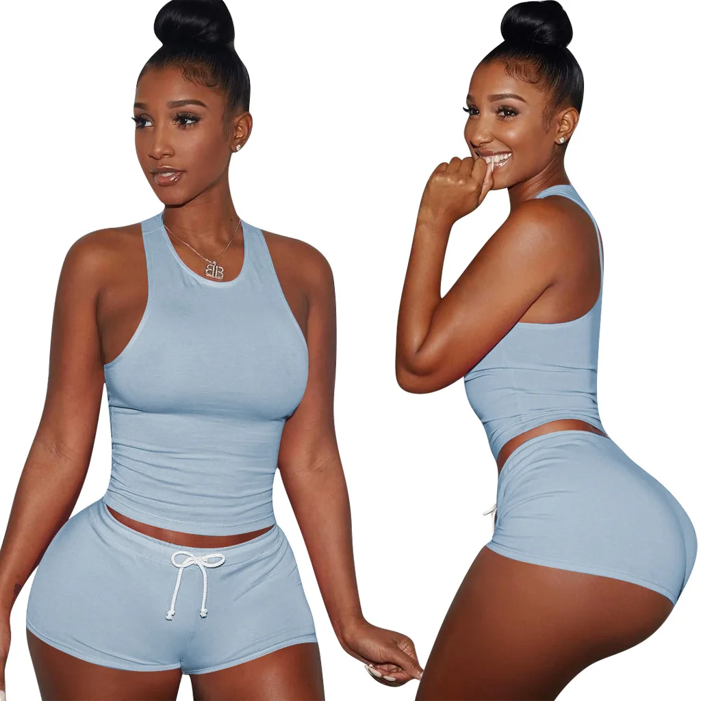 

wholesale custom logo crop top shorts 2 two piece set rib cotton plain jogging suit women clothing 2022 summer playsuit